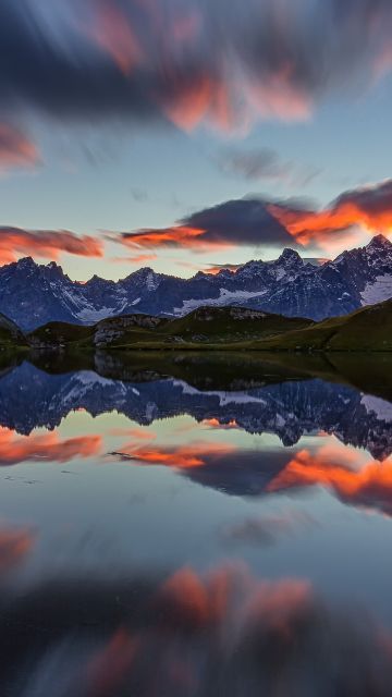 Lacs de Fenêtre, Mirror Lake, Mountain range, Reflection, Sunset, Afterglow, Long exposure, Landscape, Scenery, 5K