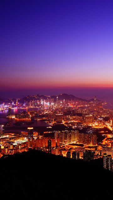 Hong Kong City, Night time, Aesthetic, Skyline, Sunset, Cityscape, Aerial view, City lights, Dusk, Horizon, Clear sky, Skyscrapers, 5K