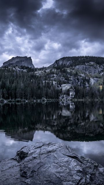 Bear Lake, Rocky Mountain National Park, Mountain View, Cloudy Sky, Reflection, Body of Water, Landscape, Scenery, 5K