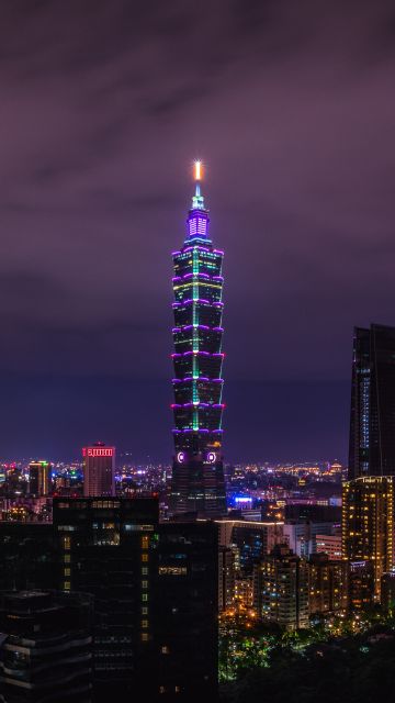 Taipei 101, City Skyline, Skyscraper, Cityscape, Night time, City lights, 5K