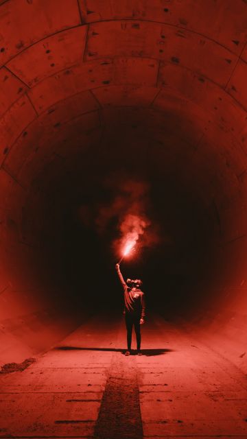 Red Flare Smoke, Tunnel, Man in Mask, Underground, Fireworks, 5K