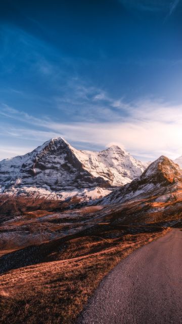 Glacier mountains, Snow covered, Sunset, Roadway, Mountain Peaks, Clear sky, Landscape, Scenery, 5K