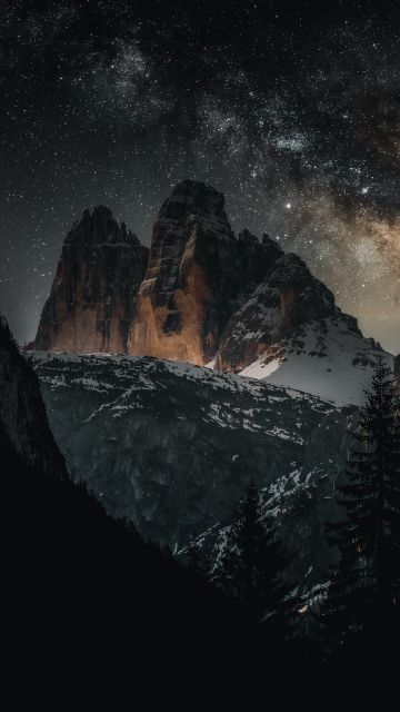 Three peaks of Lavaredo, Dolomites, Italy, Tourist attraction, Milky Way, Starry sky, Mountain Peaks, Snow covered, Night time, Outer space, 5K
