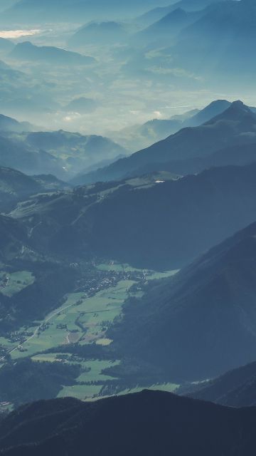 Brandenberg Alps, Austria, Mountain range, Aerial view, Mist, Valley, Landscape, 5K