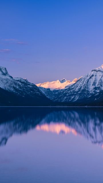 McDonald Lake, Glacier National Park, Snow covered, Mountain range, Reflection, Landscape, Scenery, Body of Water, Panoramic, 5K