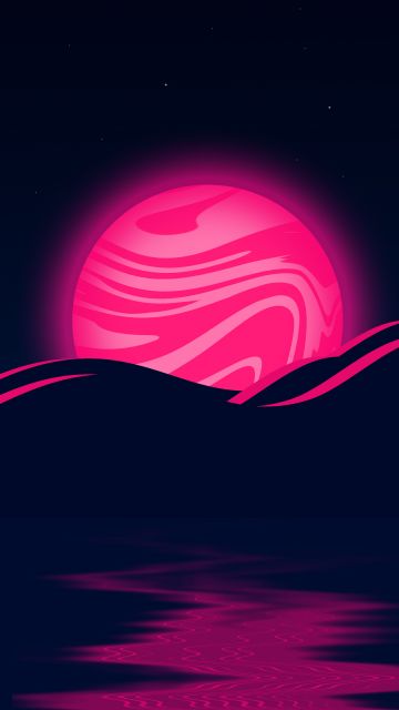 Pink Moon, Mountains, Illustration, Body of Water, Stars, Night, Dark background, 5K, Dark aesthetic