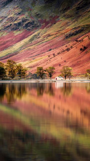 Buttermere Lake, England, Pine trees, Reflection, Panoramic, Long exposure, Mountains, Landscape, Scenery, 5K