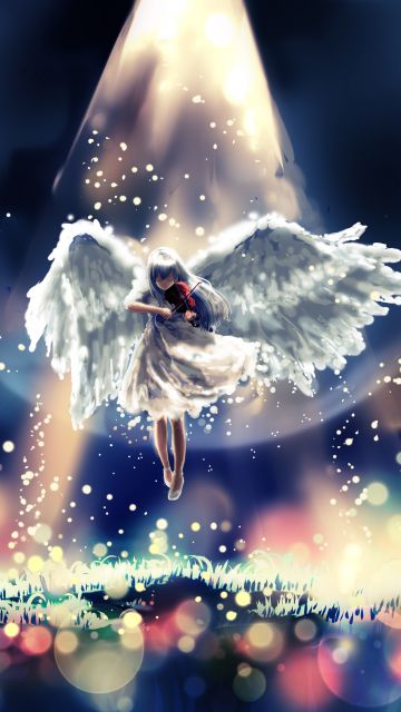 Girl playing Violin, Moon, Surreal, Bokeh, Digital illustration, Angel wings