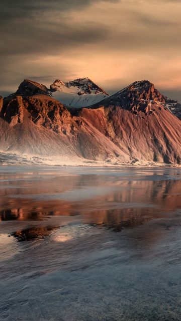 Vestrahorn, Sunrise, Snow covered, Mist, Iceland, Frozen, Winter, Mountain range, Landscape, Scenery, 5K, Stokksnes