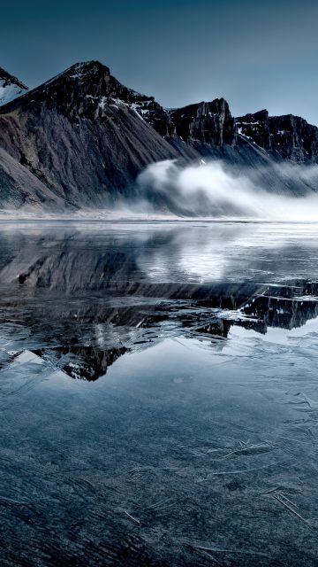 Vestrahorn, Iceland, Frozen lake, Mountain Peak, Mist, Winter, Reflection, Landscape, Scenery, 5K, Stokksnes