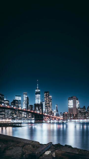 Brooklyn Bridge, City lights, Night, Cityscape, Reflections, Brooklyn, New York, USA
