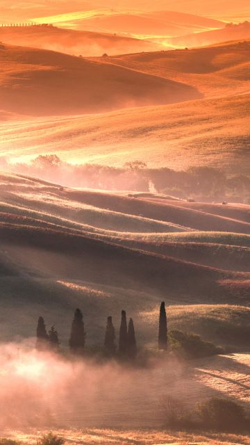 Tuscany, Italy, Countryside, Sunrise, Foggy, Dawn, Landscape, Aerial view, Meadow, 5K