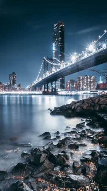 George Washington Bridge, Night, City lights, Rocks, Hudson River, New Jersey, USA