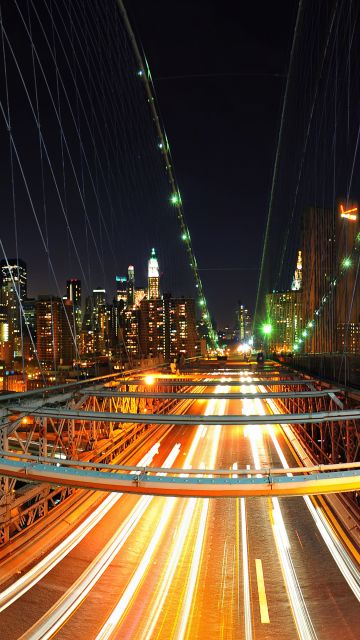 New York City, Brooklyn Bridge, Skyline, Night City, City lights, Cityscape, Traffic, Bridge, Illuminated, Rush