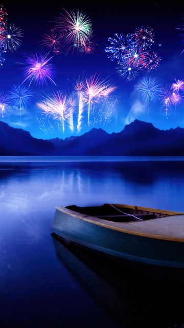 New Year, Fireworks, Lake, Reflections, Night, Boat, Blue, Mountains, Crescent Moon, New Year celebrations