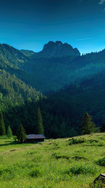 Bavarian Alps, Mountains, Sunny day, Landscape, Countryside, House, Blue Sky, Scenery, Germany, Summer