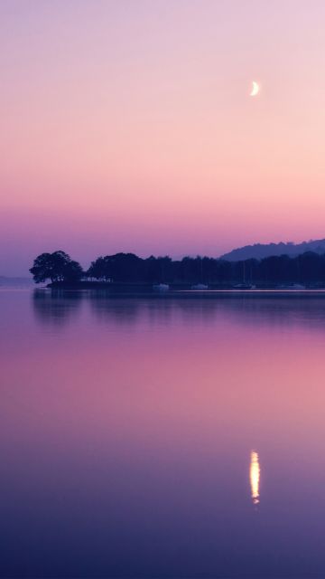 Coniston Water, Lake, Sunset, Evening, Twilight, Dusk, Purple sky, Reflection, Landscape, Crescent Moon