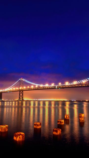 San Francisco-Oakland Bay Bridge, Night, Reflections, Blue hour, Cold, Lights, Bay Bridge, California