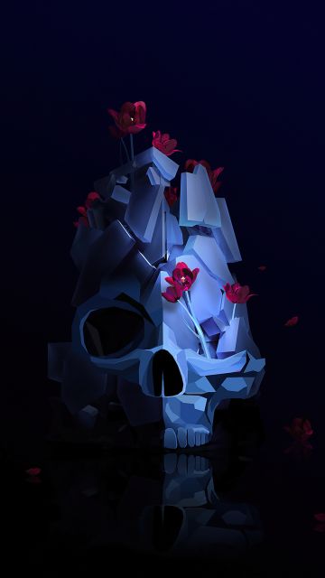 Skull, Low poly, Artwork, Dark background, Roses, Simple