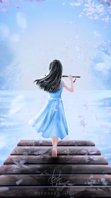 Girly, Dream, Girl playing flute, Surreal, Spring, Digital Art, Illustration, Digital paint
