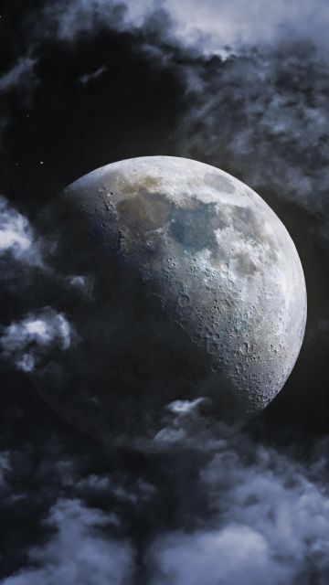 Moon, Lunar craters, Clouds, Astrophotography, Night, Dark, HDR