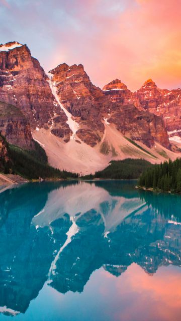 Moraine Lake, Sunset, Rocky Mountains, Banff National Park, Landscape, Reflection, Scenery, Alberta, Canada, Evening sky, 5K