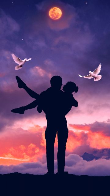 Couple, White Pigeons, Silhouette, Romantic, Surreal, Sunset, Moon, Love Birds, Lifting