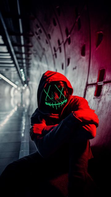 Neon Mask, Red Hoodie, Tunnel, Portrait, Face Mask, Anonymous, 5K