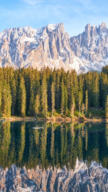 Karersee Lake, Latemar, Mountain range, Snow covered, Reflection, Green Trees, Landscape, Scenery, Woodland, Forest, 5K