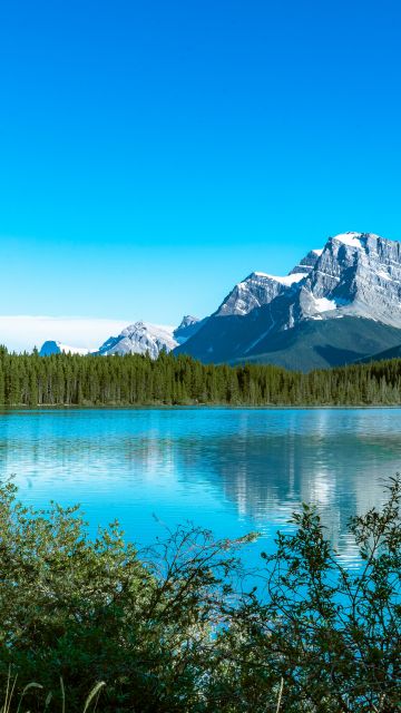 Bow Lake, Canada, Snow covered, Mountains, Blue Sky, Reflection, Landscape, Scenery, Beautiful, 5K