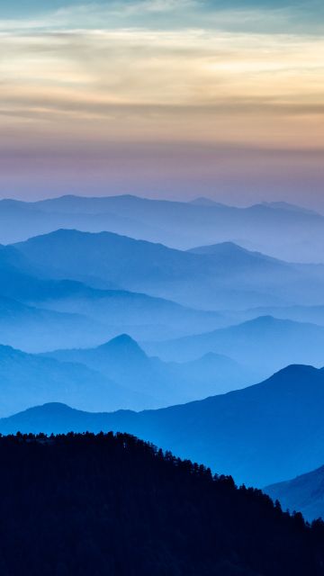 Silhouette Mountain, Foggy, Langtang National Park, Aerial view, Panoramic, Mountain range, Landscape, Sunset, 5K, 8K