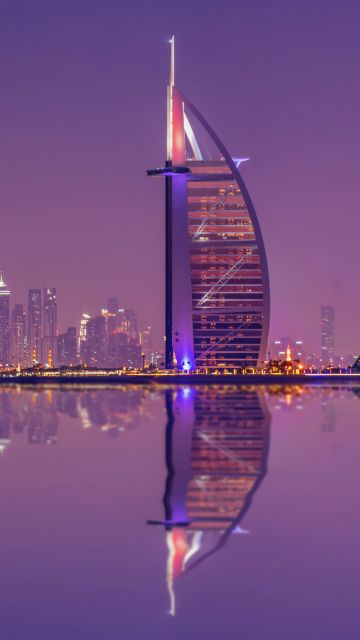 Burj Al Arab, Luxury Hotel, Cityscape, Low Angle Photography, Night lights, Waterfront, Reflection, Purple sky, Skyscrapers, 5K