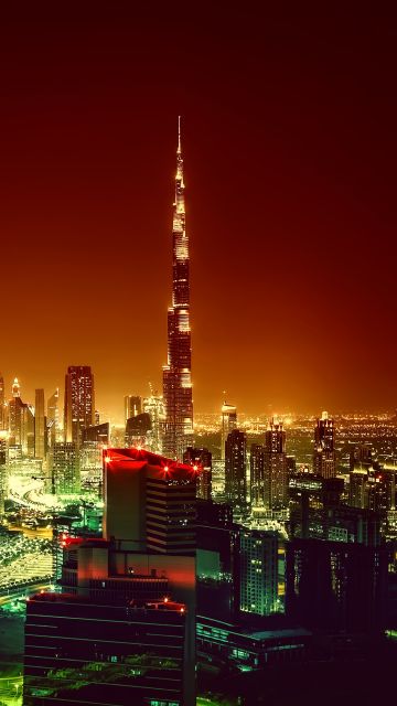 Burj Khalifa, Dubai, United Arab Emirates, City Skyline, Cityscape, Night lights, Skyscrapers, Aerial view