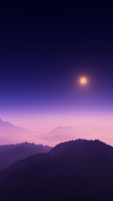 Moon light, Foggy, Night time, Aerial view, Landscape