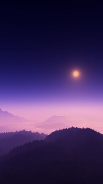 Moonlight, Foggy, Night time, Aerial view, Landscape