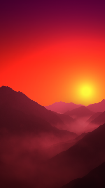 Mountain range, Silhouette, Sunrise, Orange sky, Foggy, Landscape, Scenery