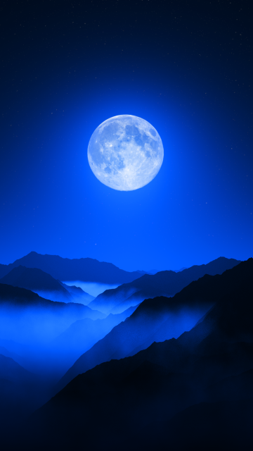 Twilight Moon, Valley, Mountain range, Night sky, Foggy, Silhouette, Aerial view