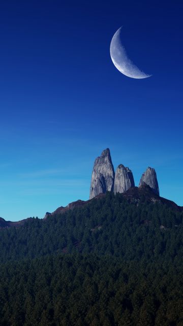 Mountain Peaks, Crescent Moon, Night time, Blue Sky, Landscape, Forest