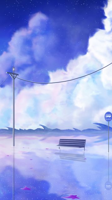 Bus Stop, Street lights, Cloudy Sky, Illustration, Reflection, Stars, 5K