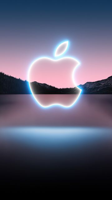Apple logo, Glowing, Reflection, Lake, Mountains, Sunset, Dark, Landscape, Apple Event 2021