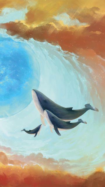 Whales, Baby whale, Mural, Artwork, Surreal