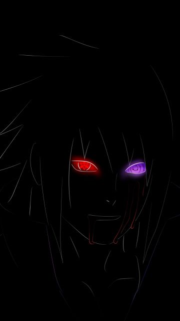 Sasuke Uchiha, Naruto, AMOLED, Black background, Minimal art, Glowing eyes, Power
