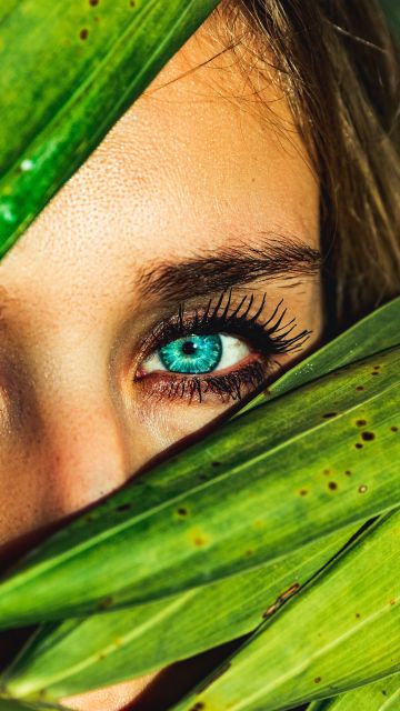 Blue eyes, Green leaves, Woman face, Macro, Peek, 5K