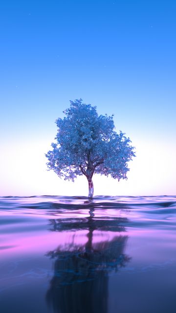 Tree, Neon, Body of Water, Reflection, Clear sky, Pink, Blue