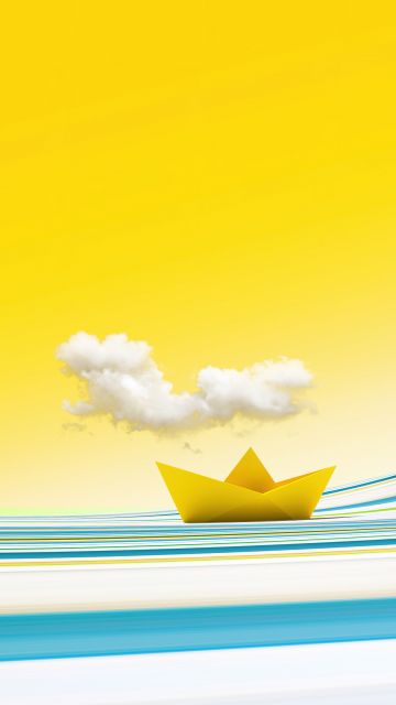 Paper boat, Yellow background, Yellow sky, Clouds, Waves, Colorful, Bliss, Surreal