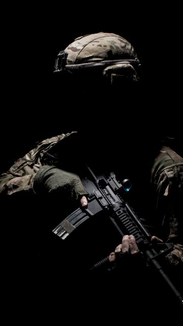 Soldier, Machine gun, War, Silhouette, Black background, 5K