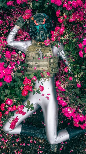 Suit, Mask, Armor, Extinction, Pink flowers, Floral, Lying down, Aerial view, 5K