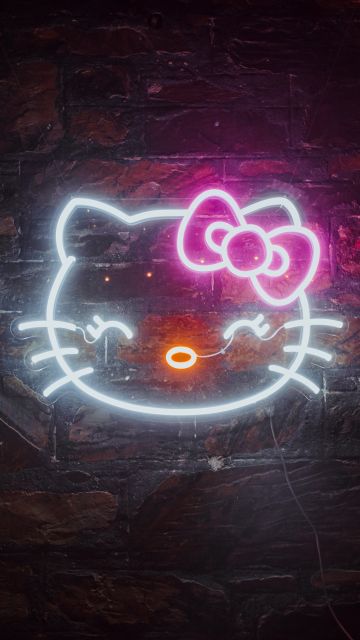 Hello Kitty, Neon sign, Cute, Glowing, Dark background, Night, Neon, 5K, Aesthetic