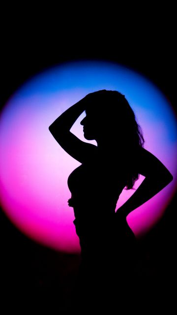 AMOLED, Girl, Woman, Light, Silhouette, Pose, Style, Circular, Black background, 5K