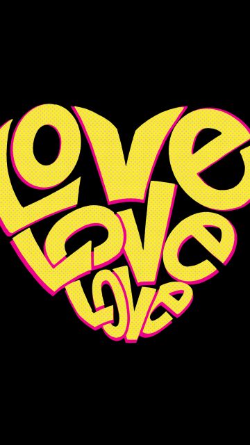 Love word, Love heart, Black background, Yellow